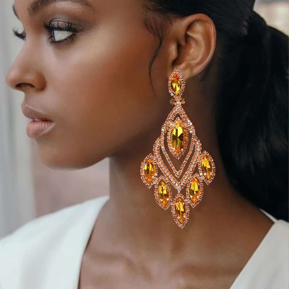 Exotic Orange Large Dangle For Women Pendant Exaggerated Rhinestone Earrings Crystal Drop Statement Accessories