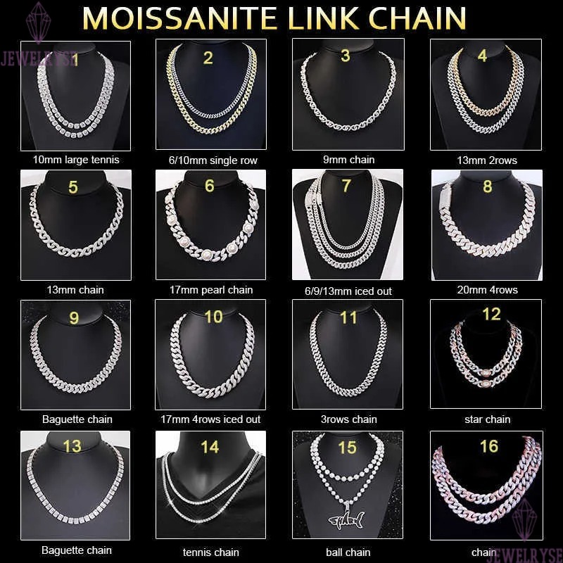 necklace moissanite chain Pendant Full Ice Cuban Chain 2rows 925 Solid Silver Moissanite Cuban Link Chain Mans Hip Hop
