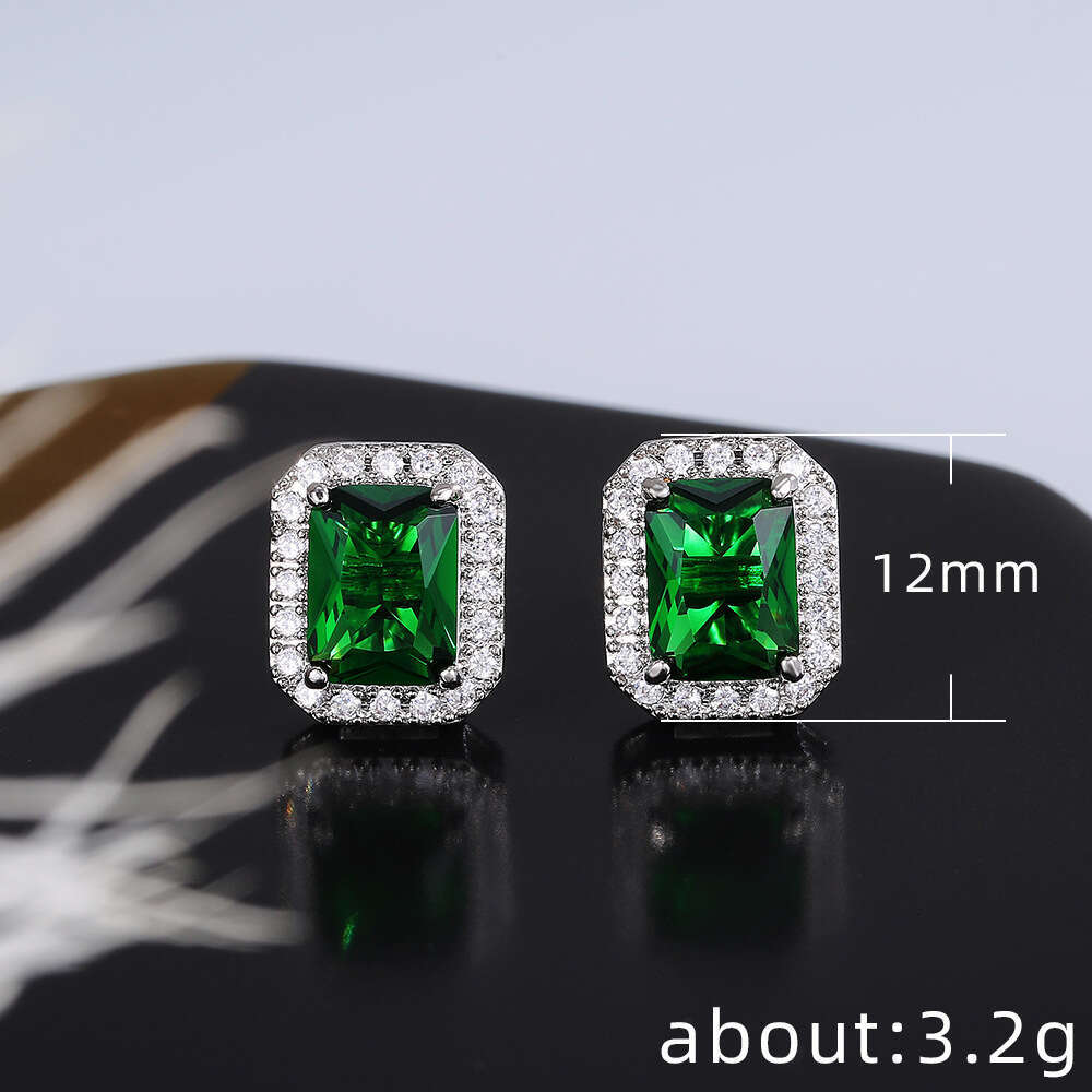 Cao Shi's Exquisite Square Women's With Full Dia And Green Zircon Earstuds Jewelry