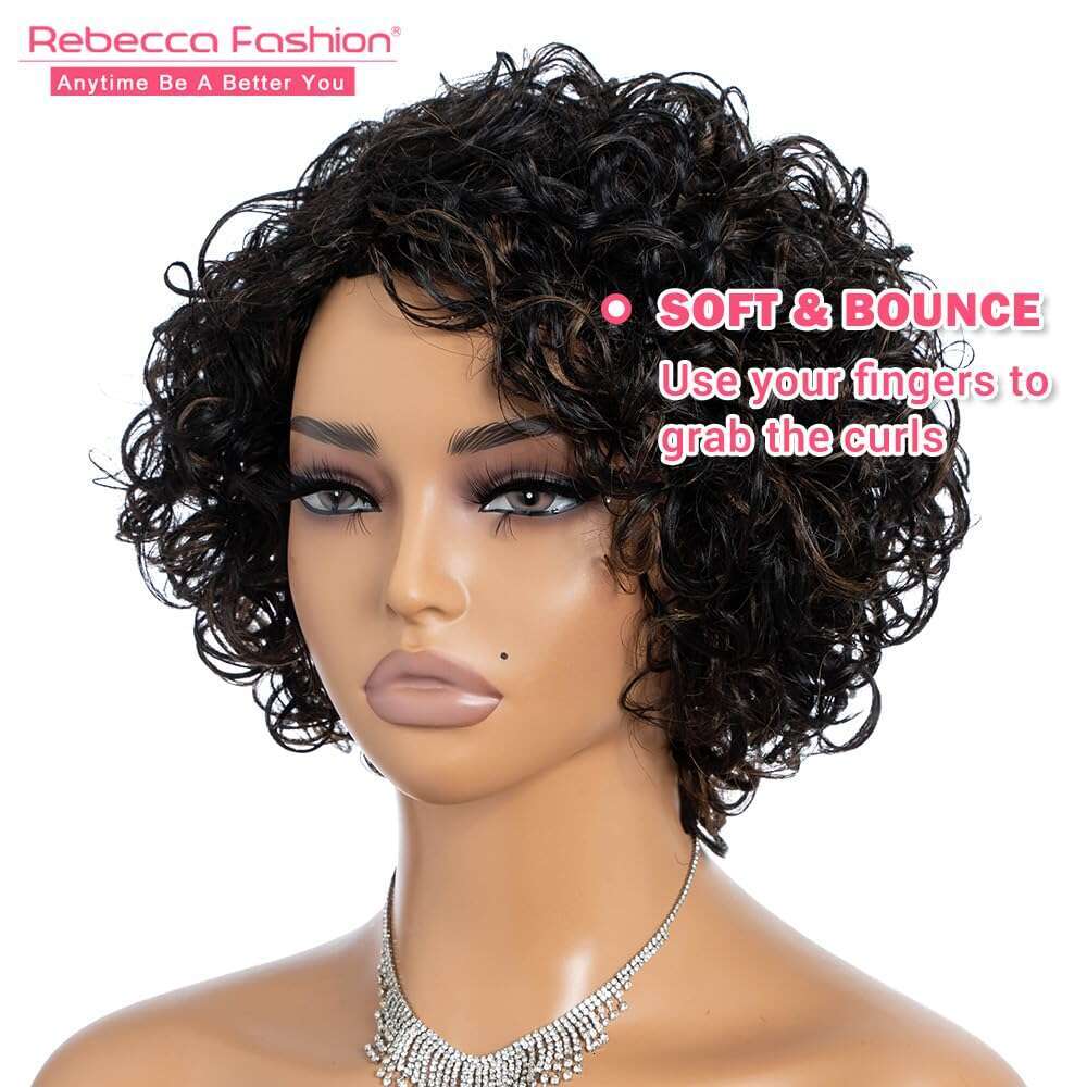 Rebecca Fashion Short Human Hair for Women Cute Curly Bob Wig Side Part Non Lace Glueless Wigs Brazilian Remy Natural Looking Highlight Black Mix Ligh