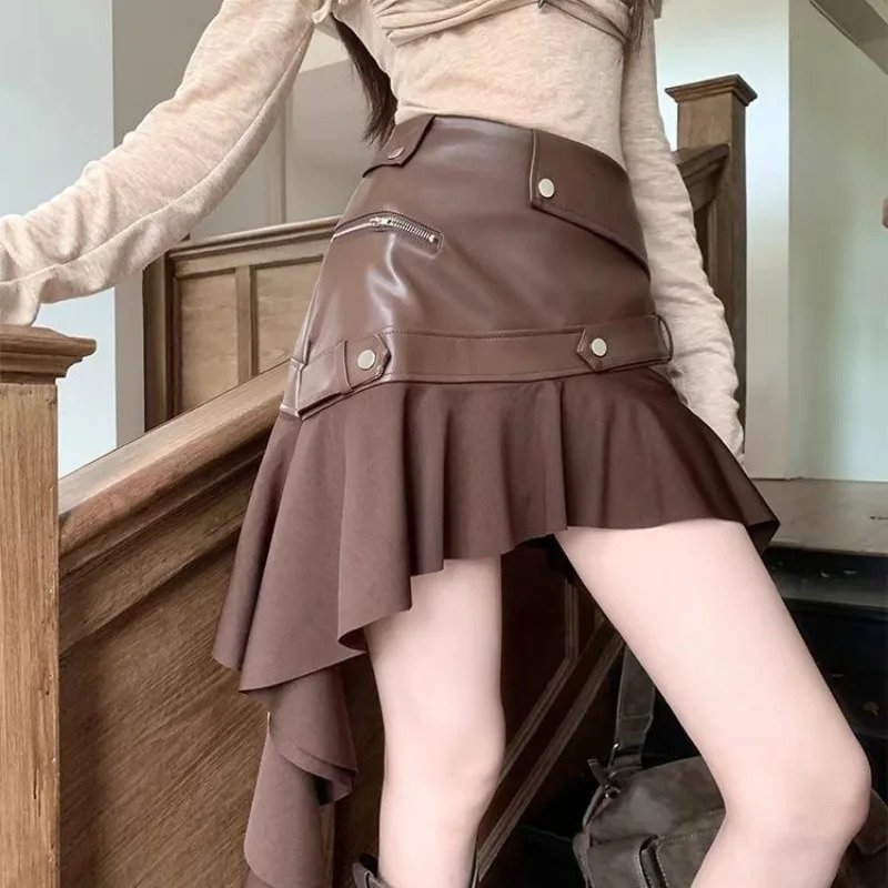 Retro Coffee Colored PU Leather Midi Skirt for Women in Autumn Irregular Ruffle Edge A-line Hip Hugging Spicy Short Skirt 250428