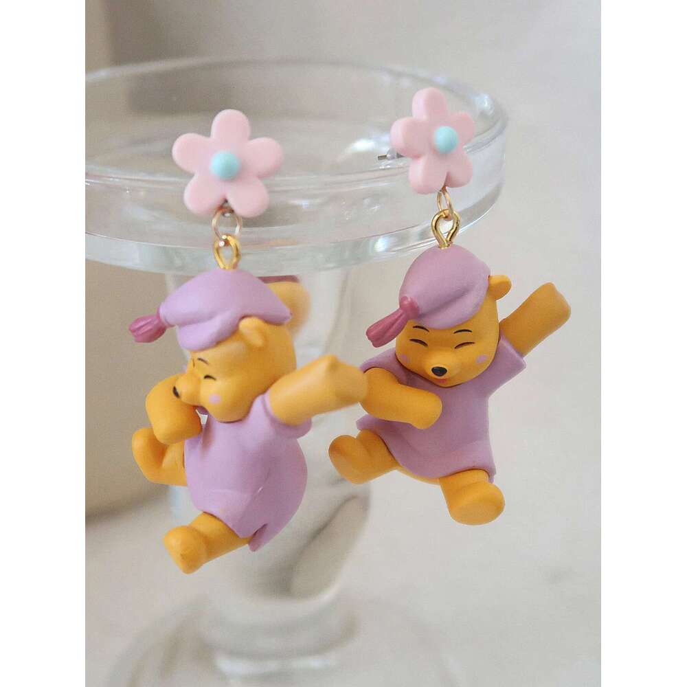 New Fashionable Cartoon Cute Pink Pamas With Teddy Bear Earrings, Suitable For Daily Wear, Gatherings, Music Festivals