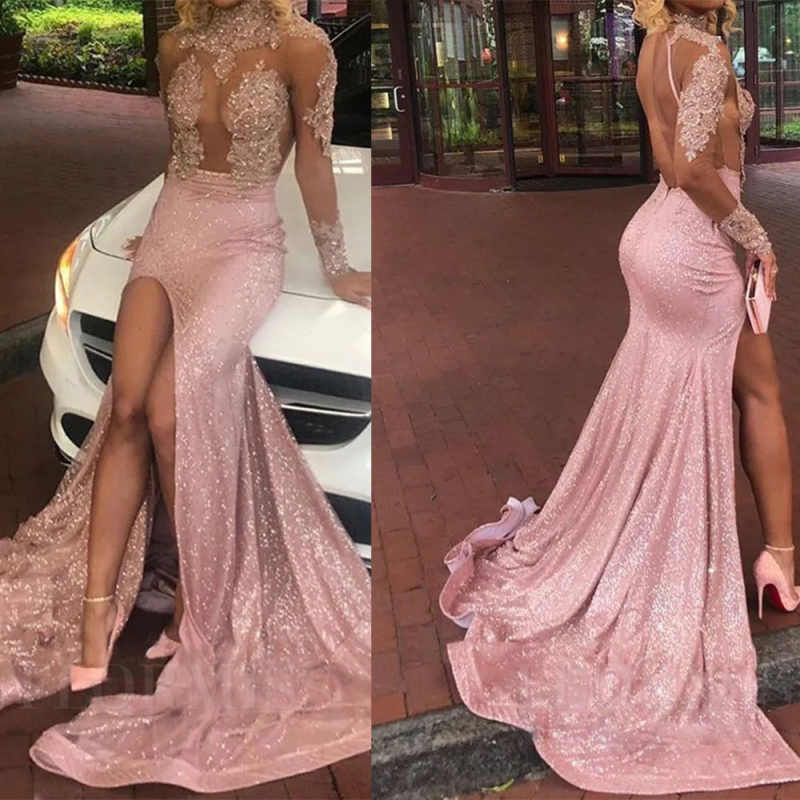 Sexy Evening Dresses Illusion High Neck Appliques Mermaid Prom Dress For African Backless Women Party Gowns Customized