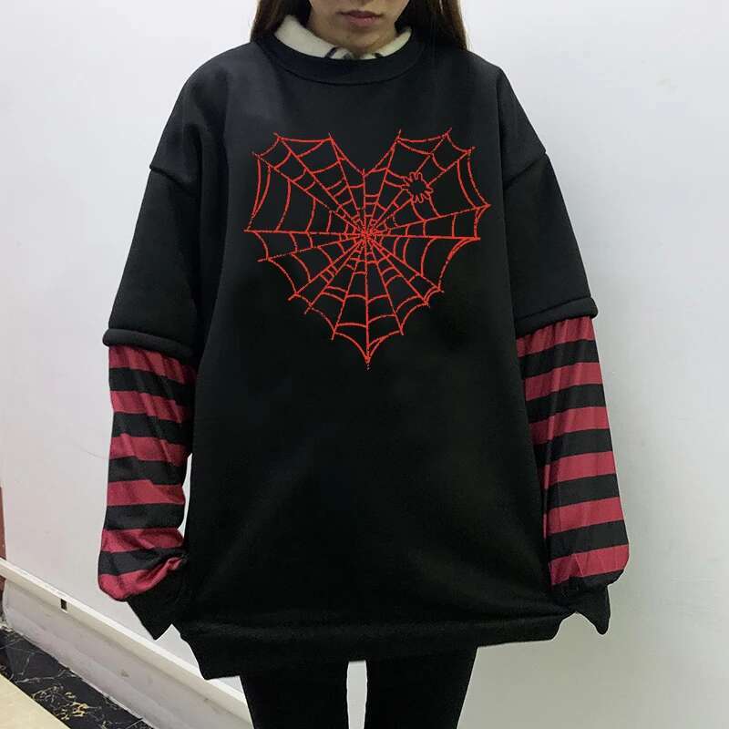 GOTH GIRL Sweet Women Goth Haruku Black Long Sleeve Fake Two-piece Spider web Japanese Punk Streetwear Alt E-Girl sweatshirt fashion clothing women