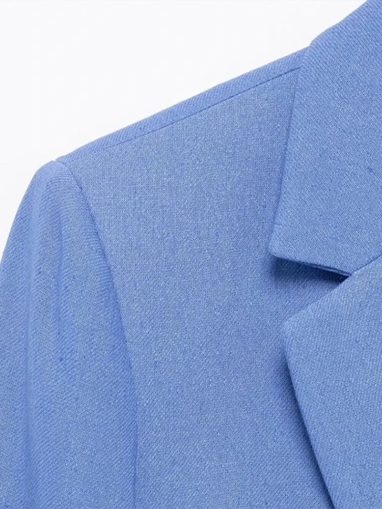 Elegant Blue Womens Sports Jacket Set Solid Collar Button Pocket Coat Wide Zipper Pants SpringSummer Urban Clothing 250530