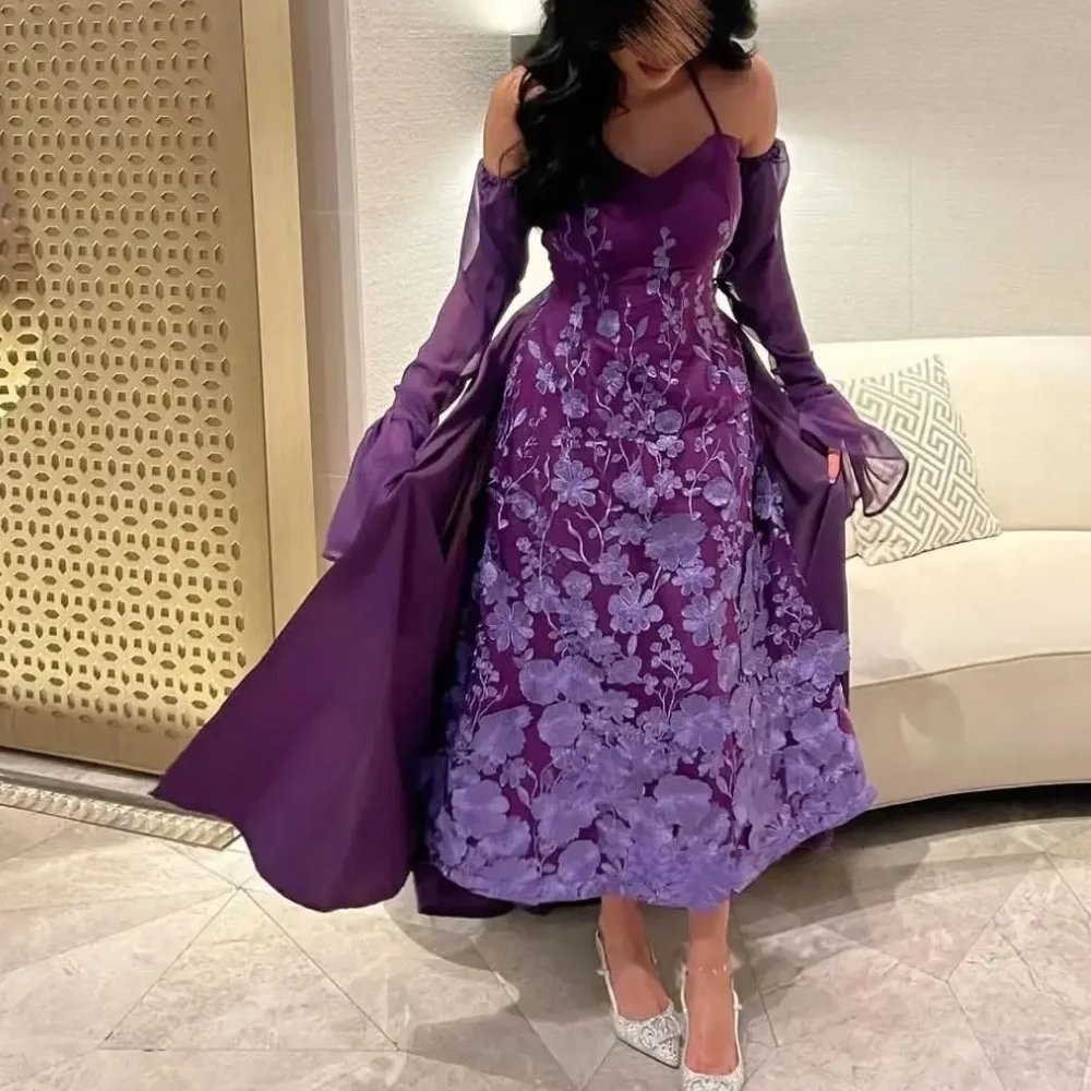 Chic Ankle Length Purple Lace Prom Dresses With Removable Flare Sleeves A-Line Birthday Party Gown 2025 Arabic Dubai Floral Special Occasion Dress