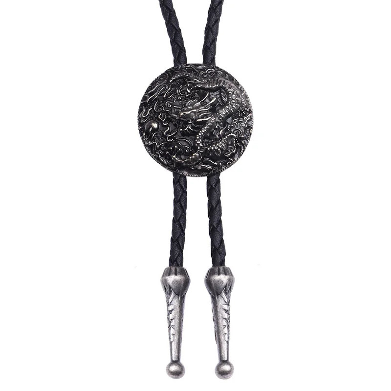 BOLO TIE Necklace Ethnic Style Men Women Bolo Tie Silver Chinese Dragon Necklace Leather Long Necklace Sweater Chain Pendant 250430