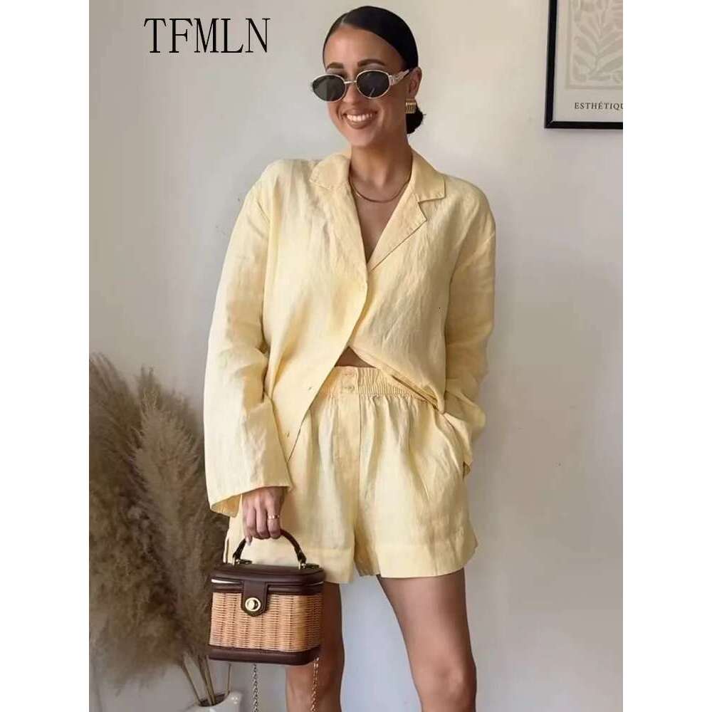TFMLN 2025 Casual Women Solids Blouse Set Summer Loose Long Sleeve Single Breasted Top Elastic Waist Short Fashion Outfits