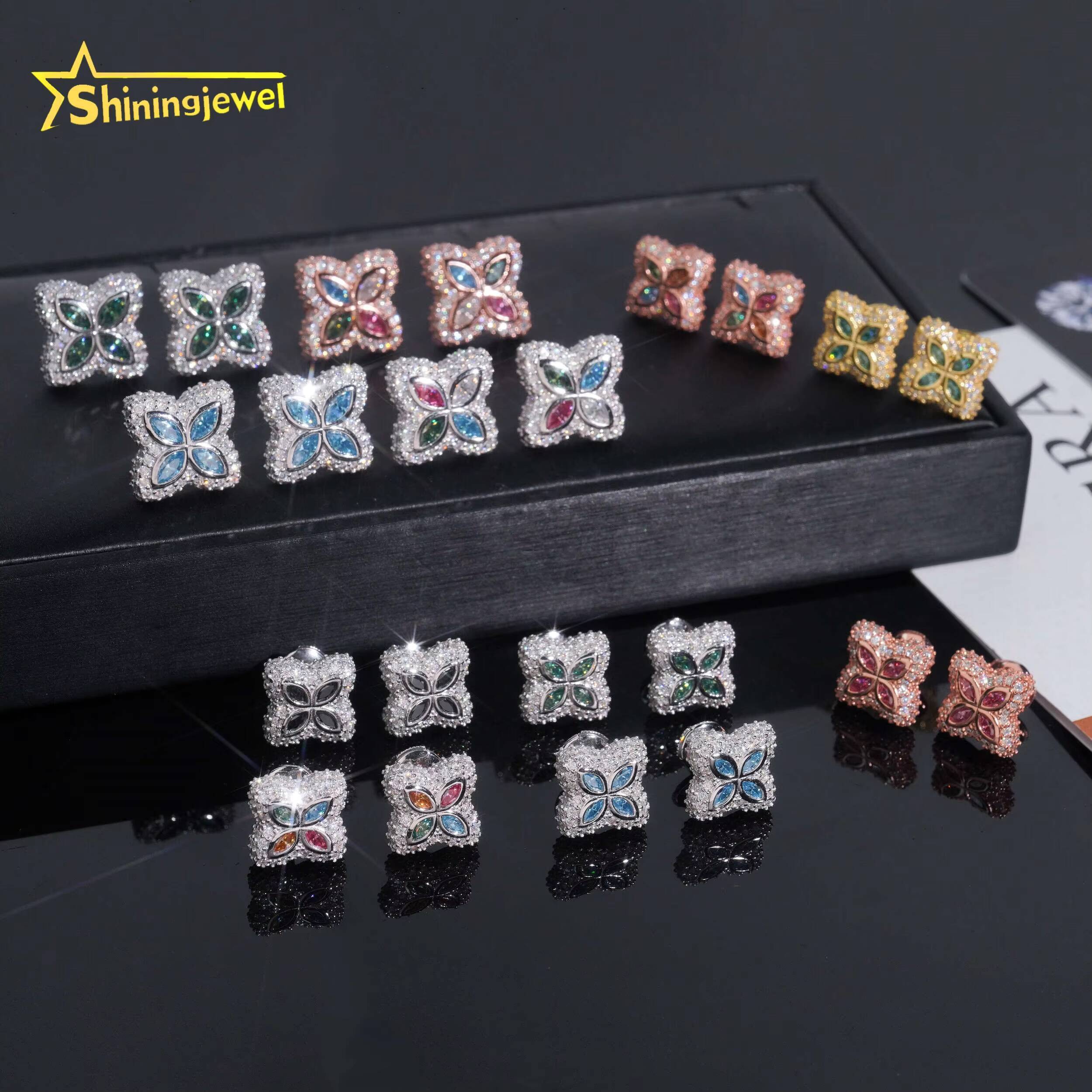 925 Sterling Silver Colored Clover Earrings Moissanite Screw Back Fine Jewelry Men Women Iced Out Moissanite Earrings Daily Wear