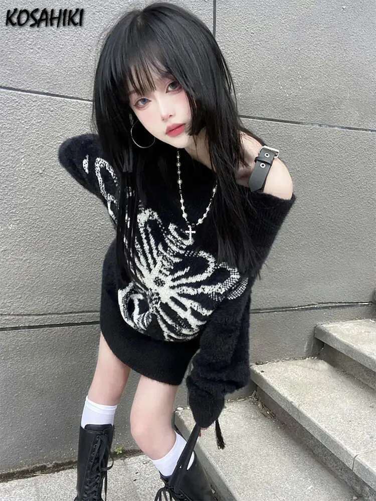 KOSAHIKI Grunge Sweater Fashion Streetwear Y2k Aesthetic Blackpullover Skull Print Gothc Women Jumper Haruku Loose Knitwear fashion clothing women