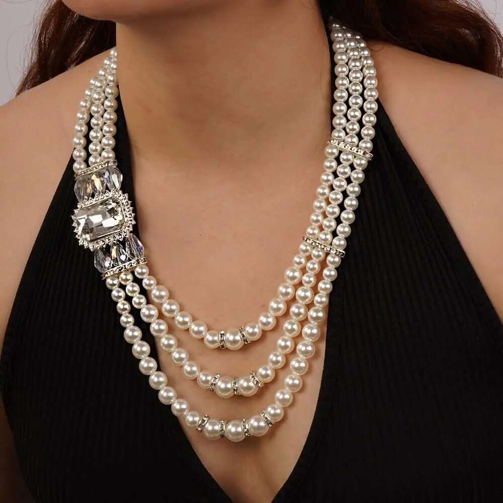 Bridal Jewelry Set Trendy Fashion 3-Layer Imitation Pearl Crystal Rhinestone Necklace And Earrings Women's Party Accessories