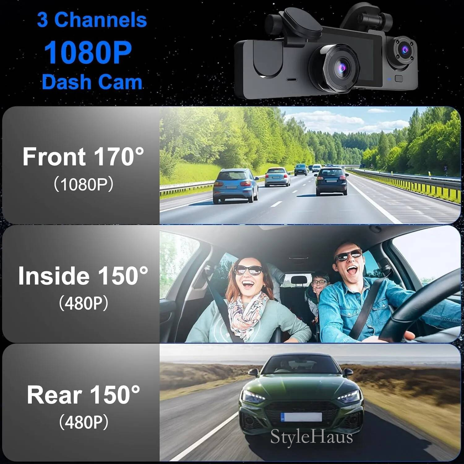 1080P HD Car DVR 3 Channel Dash Cam Front and Rear Inside Auto Camera Video Recorder 170 Wide Angle IR Night Vision Loop Recording Motion Detection 24
