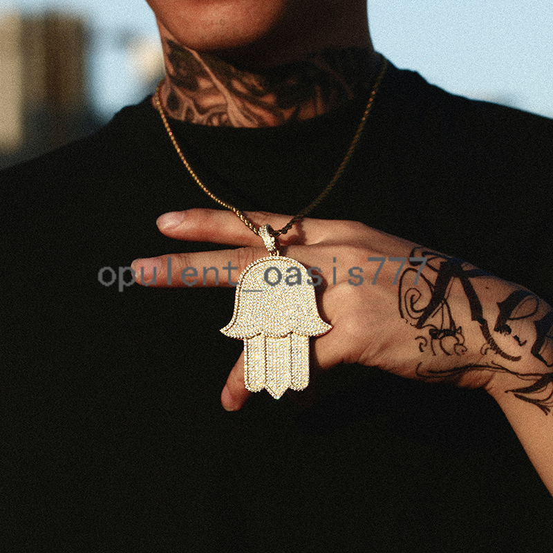 Personalized Hip Hop Jewelry Gold Plated Brass moissanite Diamond Iced Out Hamsa Hand Charm Pendants Necklace for Men