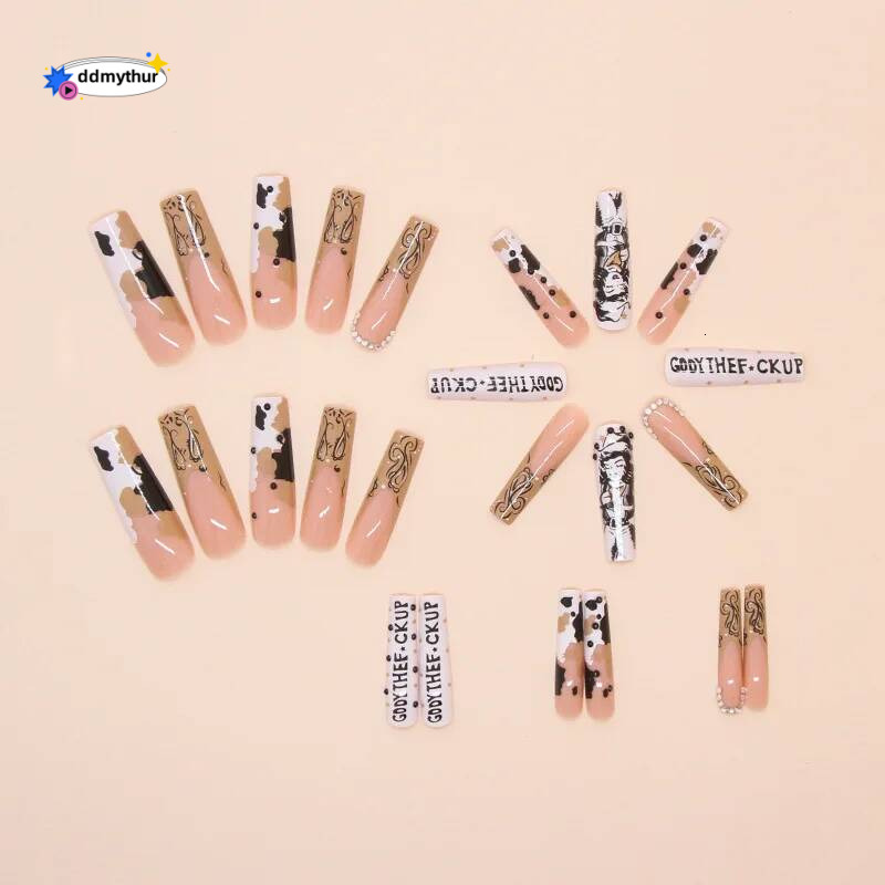 Simple Y2K Long Coffin French Ballerina Letter Design False Full Cover Artificial Nails Press On Valentine's Day CF36 ddmythur