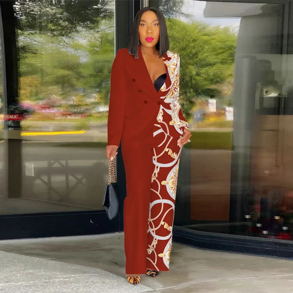 Printed womens set fashionable button up front jacket and wide leg pants autumn winter twopiece business 250530