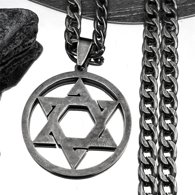 Star Of David Shield Stainless Steel Necklace for Men Women Gun Black Color Hexagram Hip Hop Pendant Necklace Jewelry Gift 250428