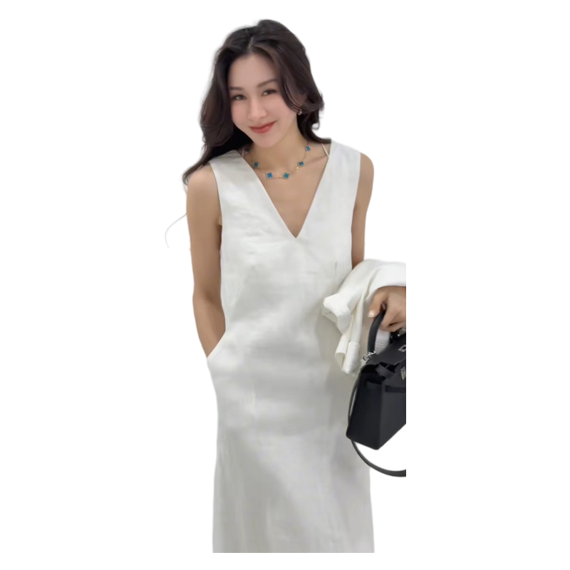 2025 Linen V-neck patchwork lace sleeveless dress Fashion Week Show Customized Fashion Tailored clothing womens Fashion Paris.M327