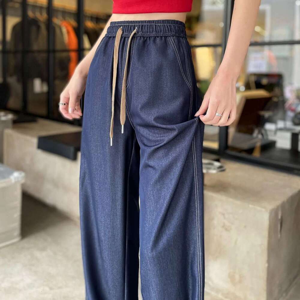 2025 New Spring Summer Ice Silk Women's Wide Leg Full Pants High Waist Lace-up Female Elegant Straight Loose Trousers