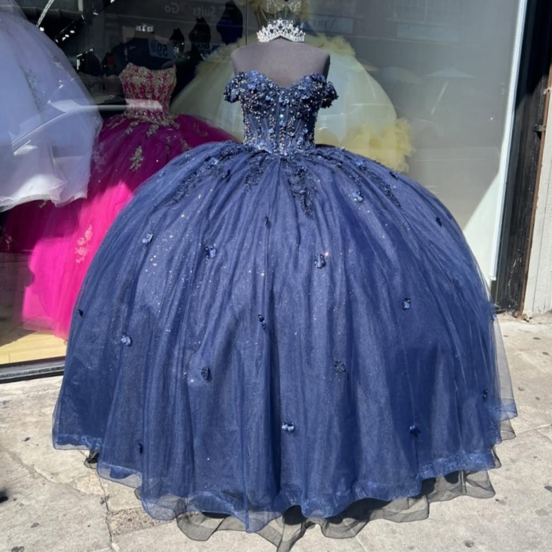 Royal Blue Princess Quinceanera Dresses Off Shoulder Applique Flower Beading Tull Sweet 16 Dress Ball Gown Vestidos 15 Anos