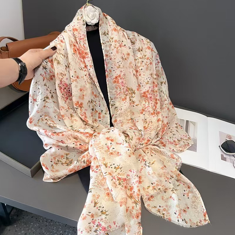 T601 romantic pink cherry blossom scarf female spring and summer travel sun protection photo shawl autumn thin cotton and linen scarf gauze scarf