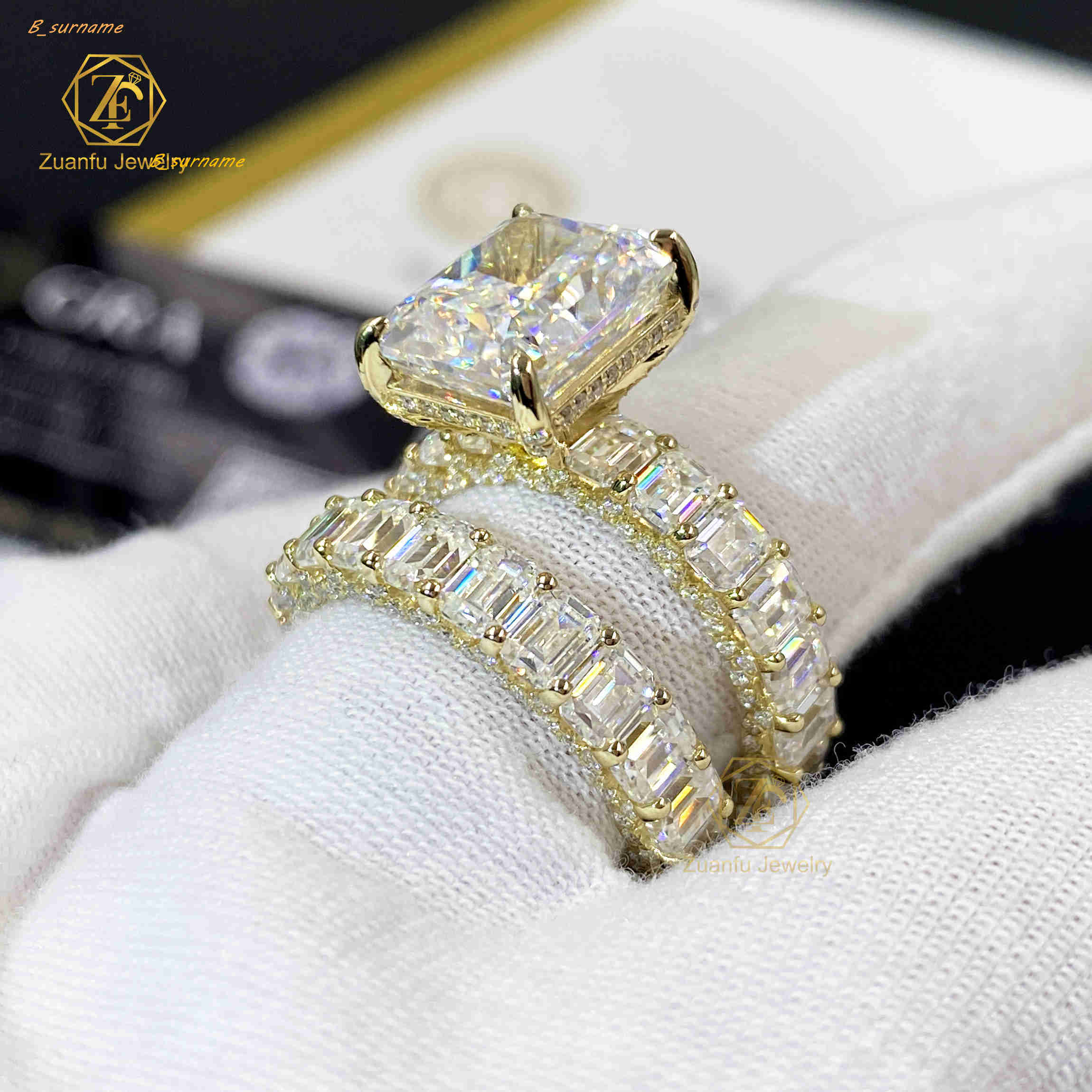 Custom Jewelry 14k Yellow Gold Plated Emerald Shape Crushed Ice Cut Moissanite Engagement Wedding Ring Set Couple Rings