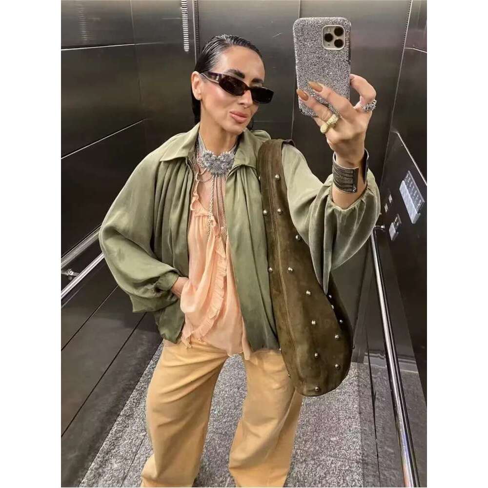 Hipseam Satin Bomber Jacket Women Spring Pleated Zipper Long Sleeve Women's Coat Casual Female Jackets