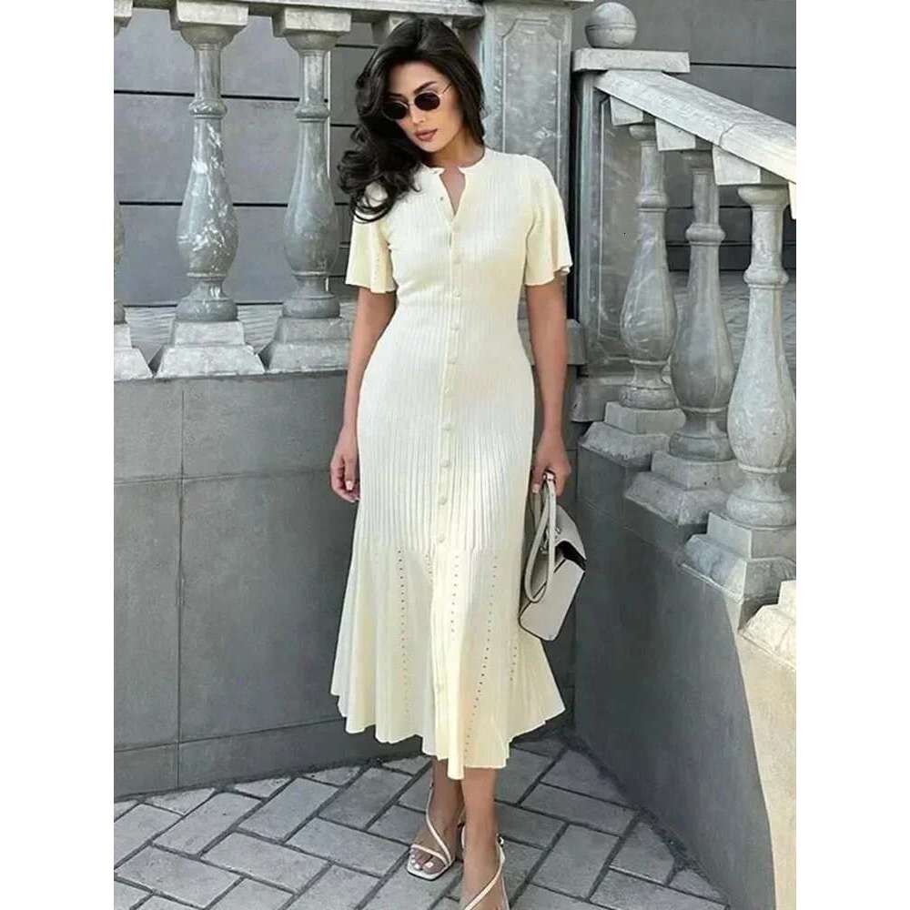 TRAF Women's Knitted Fishtail Long Dress New Round Neck Single-Breasted Cardigan Sexy Slim Dress Elegant Women's Clothing