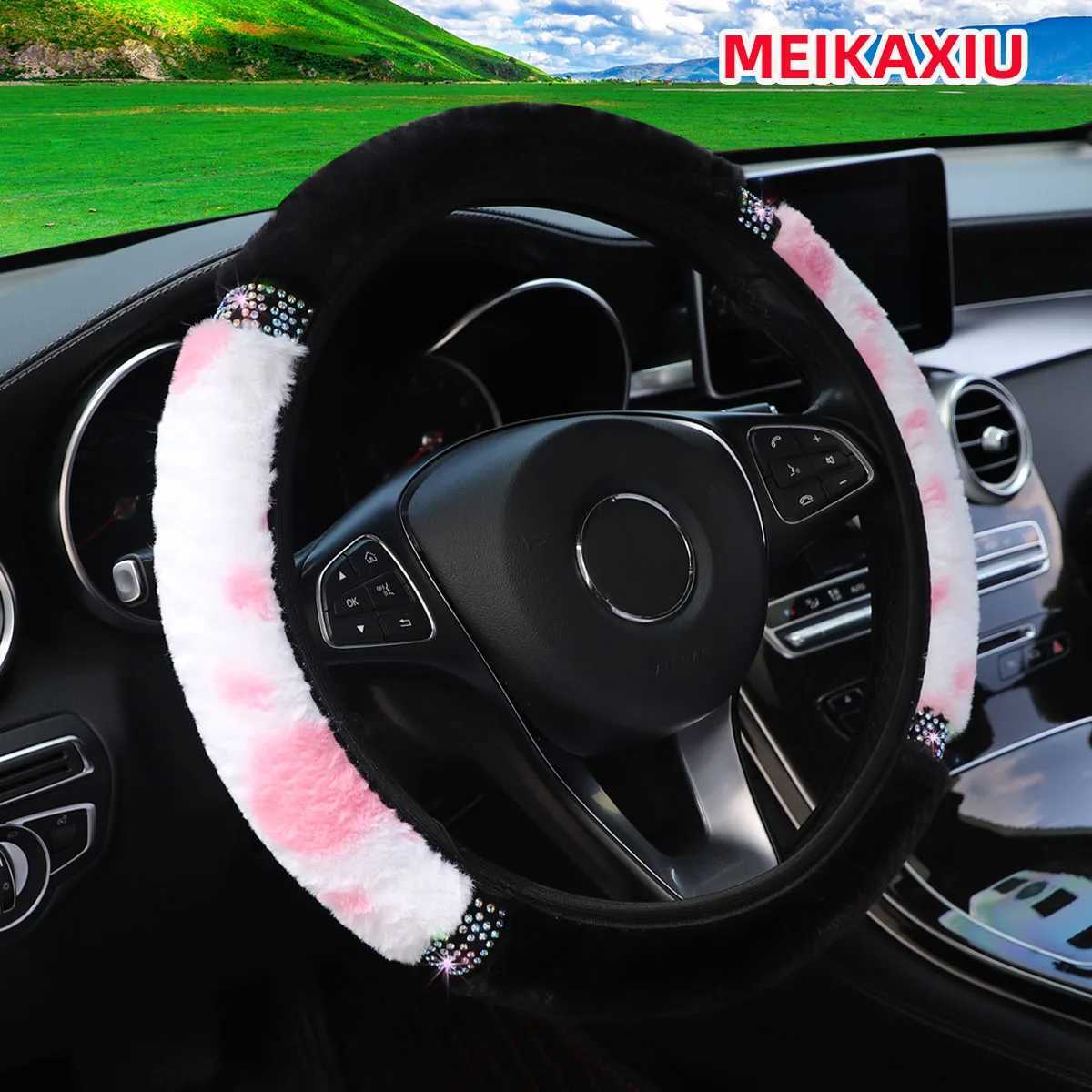 Warm hands in winter cow polished diamond glitter shiny car steering wheel cover suitable for 15 inch car interior supply in black and pink H25430