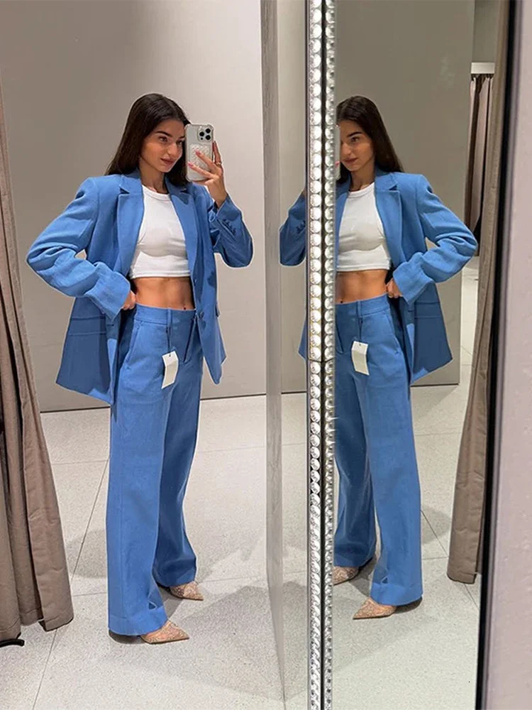 Elegant Blue Womens Sports Jacket Set Solid Collar Button Pocket Coat Wide Zipper Pants SpringSummer Urban Clothing 250530