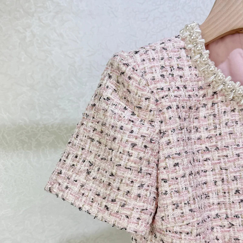 Summer Autumn Crystal Pearl Tweed Dress Set Women Summer Autumn Crop Top Jacket Midi Long Pencil Skirt Suit Office Outfit 251129