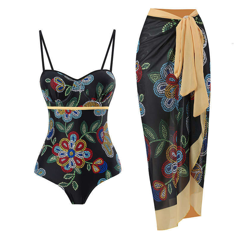 European and American one-piece women's tight fitting slimming retro printed strip steel support hard bag swimsuit chiffon long skirt 2025 new ca