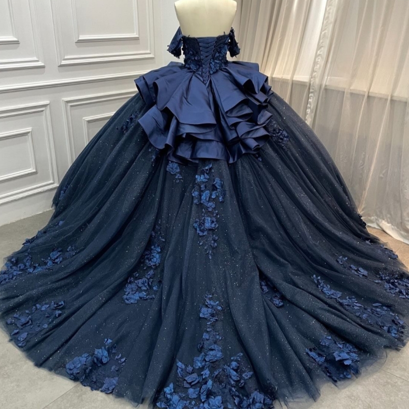 Navy Blue Princess Quinceanera Dresses Off Shoulder Flower Beading Tull Corset Sweet 16 Dress Ball Gown Vestidos 15 Anos