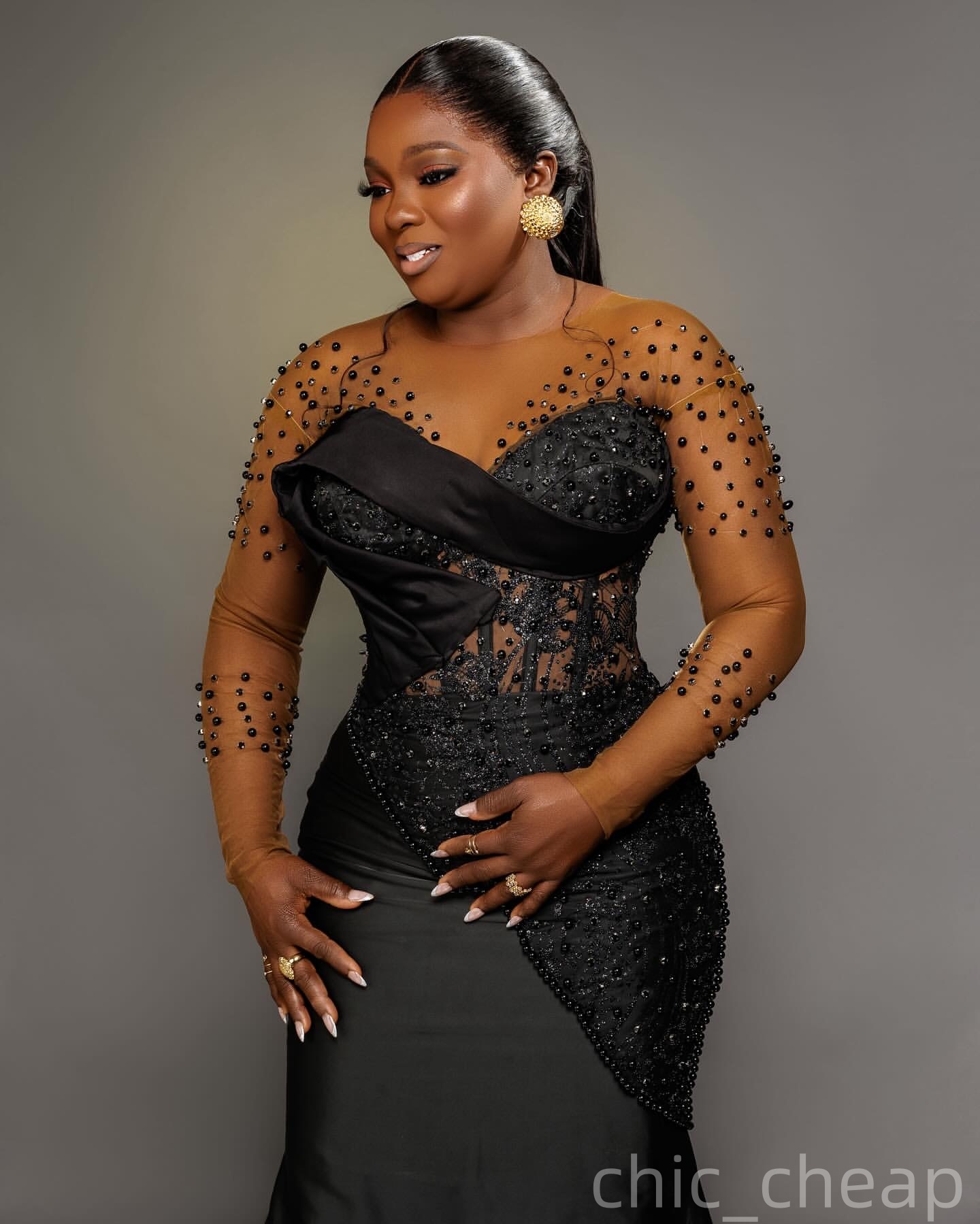 Mermaid Black Plus Size Prom Dresses 2025 Pearls Lace Satin Full Sleeves Evening Formal Party Second Birthday Engagement Gowns Dress For Special Occas