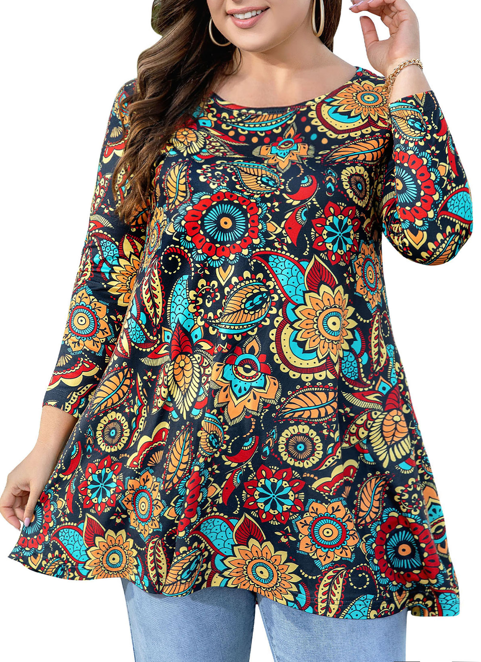 Womens Tunic Tops 3/4 Sleeve Plus Size Crew Neck Swing Flare Loose Fit T-Shirt Blouses to Wear with Leggings Orange Floral Leaf