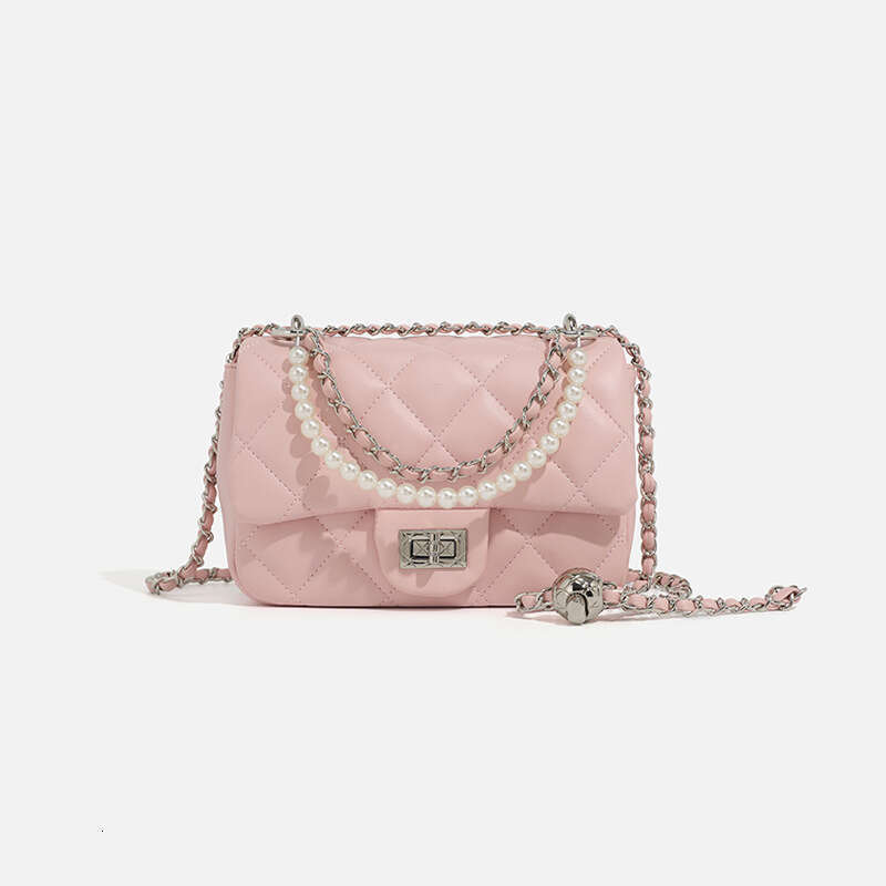 2024 summer new niche classic diamond grid embroidery thread small square bag, fashionable pearl chain single shoulder crossbody women's bag