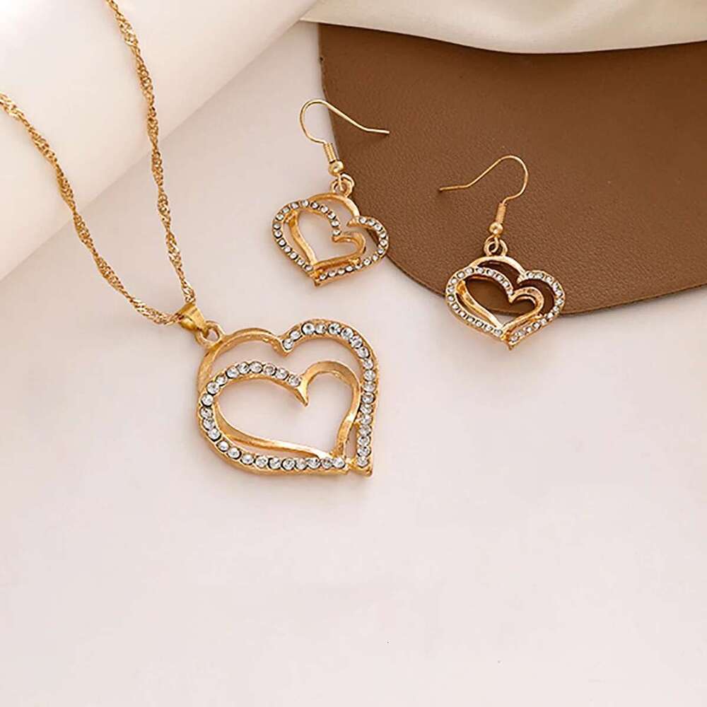 Sparkling Rhinestone Double-Layer Hollow Heart-Shaped Pendant Necklace Women's Temperament Versatile Jewelry Set