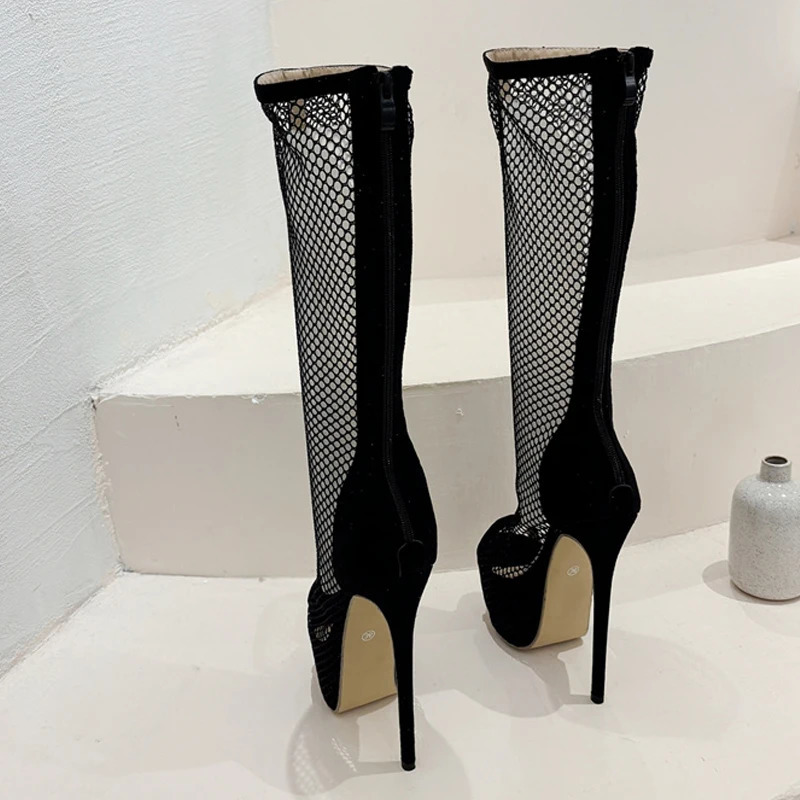 Liyke Sexy Peep Toe Gold Heels Stripper Pole Dance Platform Boots For Women Zip Fashion Mesh Knee High Shoes Female Botas Mujer 250428