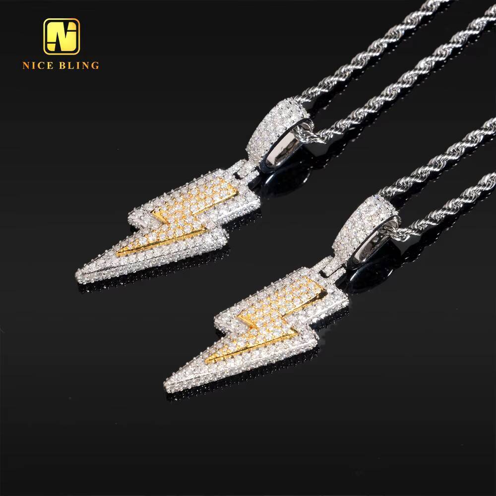 Two Tone Lightning Custom Made Iced Out Hip Hop Jewelry Pendant 925 Silver Full VVS Moissanite Diamond Charm Pendants Necklace