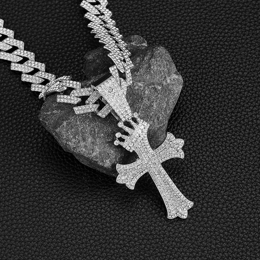Iced Out Big Cuban Chain With Hip Hop Alloy And Full Bling Rhinestone Crown Cross Pendant Choker Necklace 250428