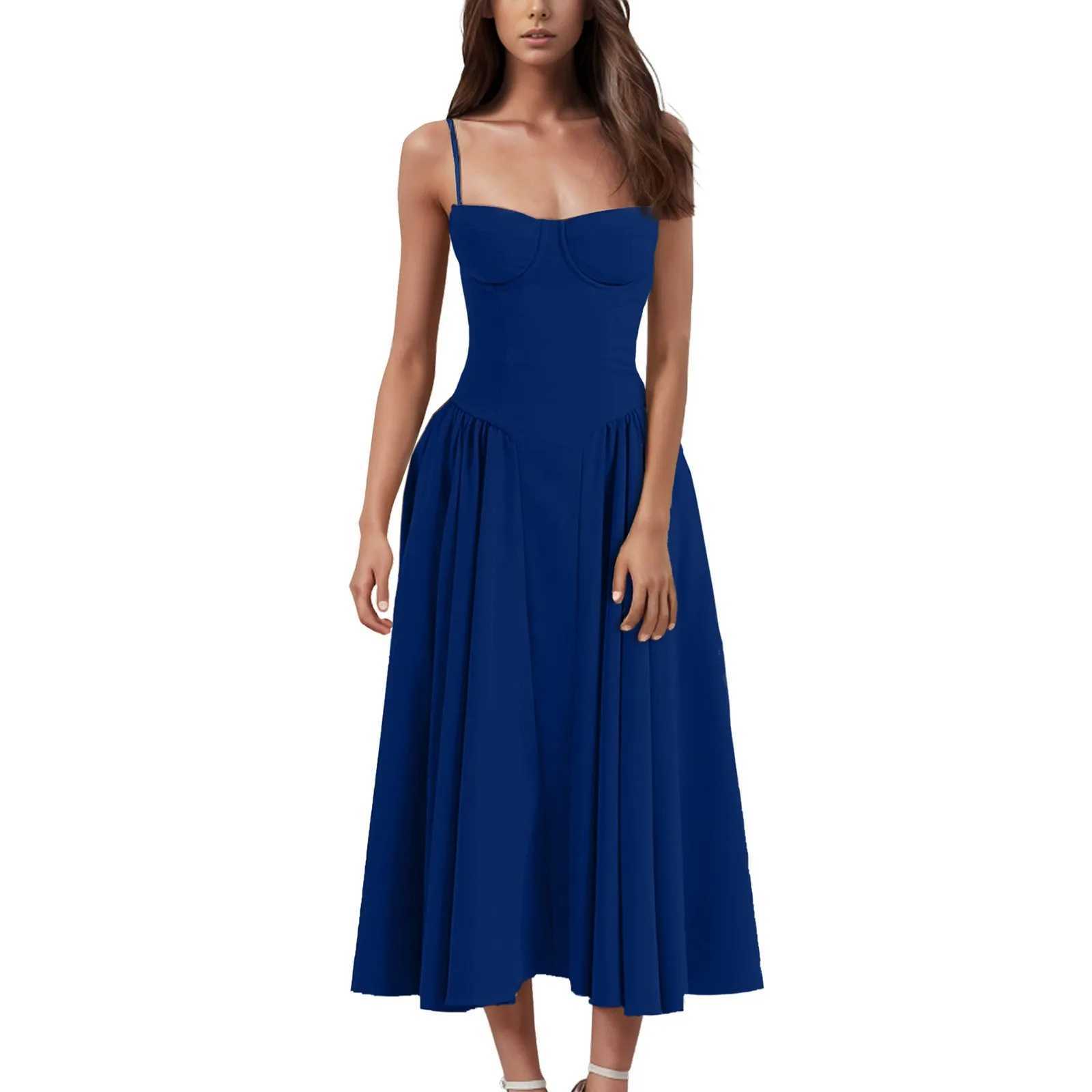 Elegant Italian spaghetti shoulder strap sleeveless A-line Midi womens summer new item backless pleated slip skirt womens fashionable loose dress W250