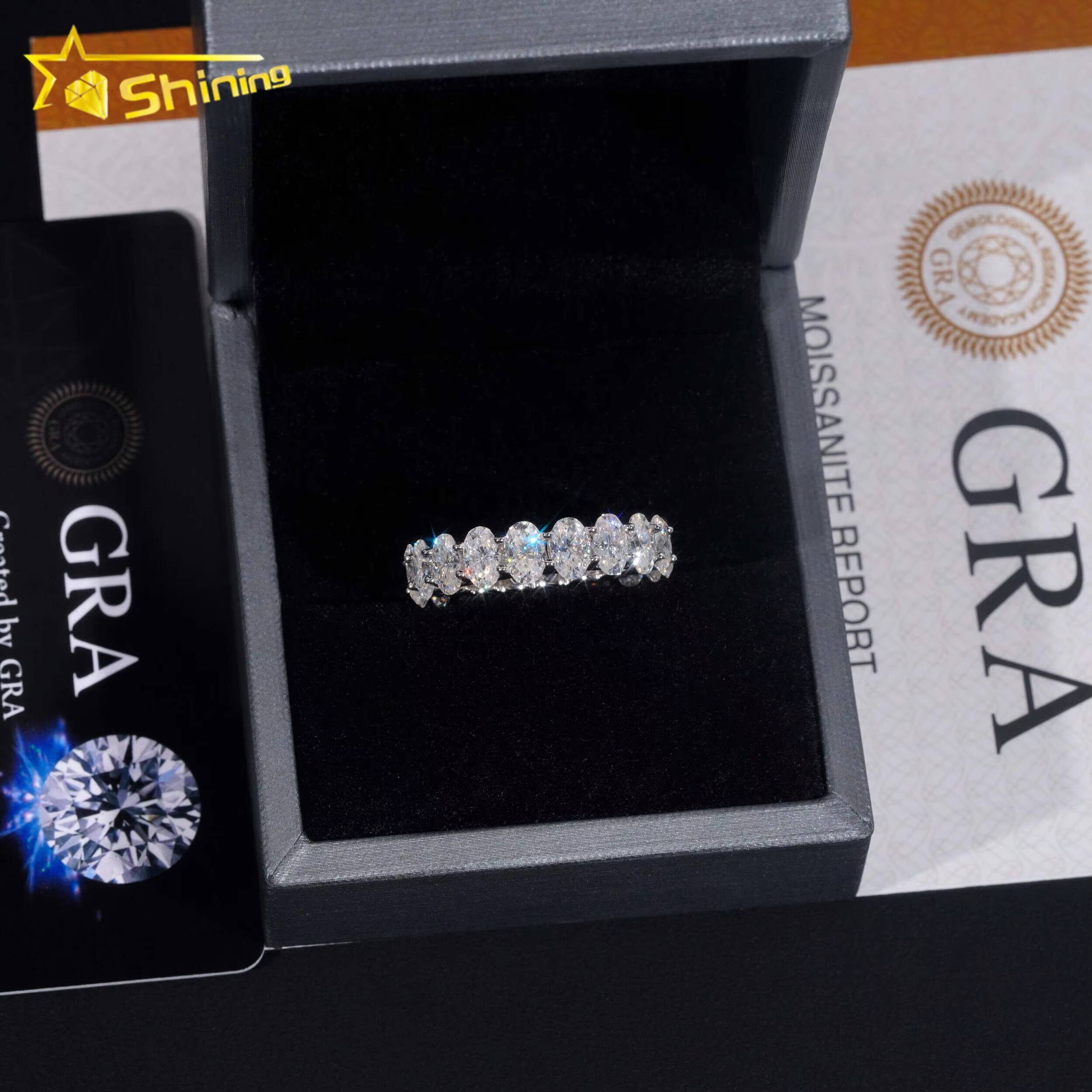 New GRA Certificate 925 Sterling Silver Gold Plated Fine Jewelry Iced Out Diamond Oval Moissanite Hip Hop Eternity Band Ring