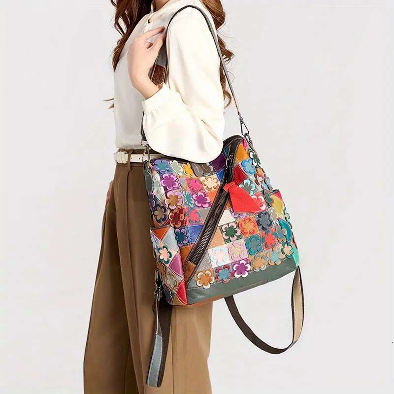 2025 New Spring Genuine Color Splicing Retro Women's Head Layer Leather Travel Backpack