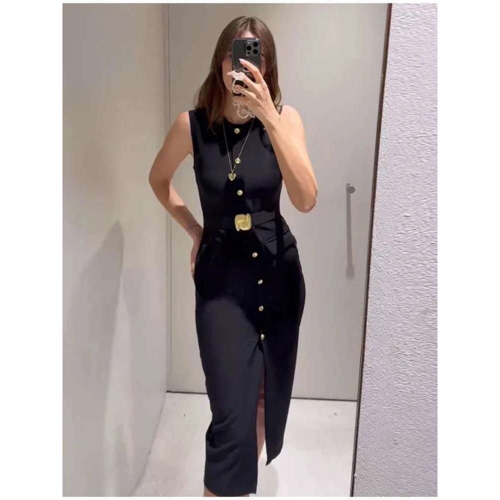 Elegant Single Breasted Black With Belt Summer O-Neck Sleeveless Split Women 2025 New Female Party Dress Office Lady