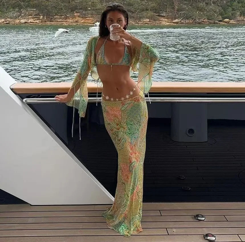 Arrival 2025 Ladies Sexy Bikini Beach Set Hanging Neck Print Tie-Divided Swimsuit Trendy Summer Women holiday Swimwear 250428