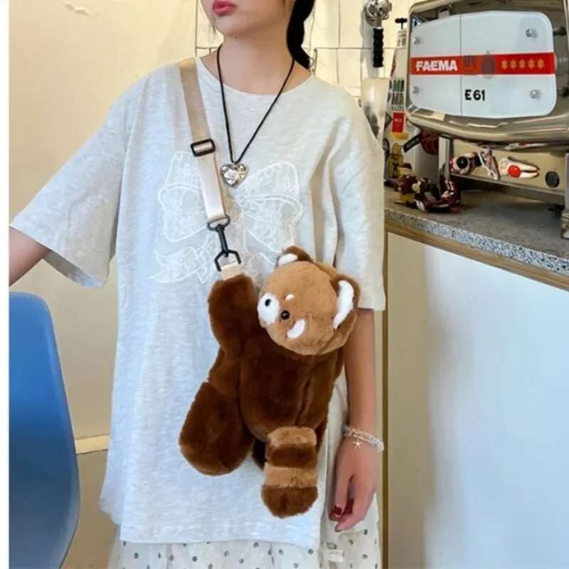 Red Panda Plush Backpack Cute Plushie Doll Women Crossbody Fur Soft Shoulder Bag For Camping Travel Party Female Birthday Gift