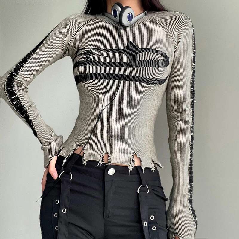 CIBBAR Vintage Ripped ed Sweater Pullovers Haruku Print Full Sleeve Jumpers for Women Autumn spring Knitwears Streetwear fashion clothing women