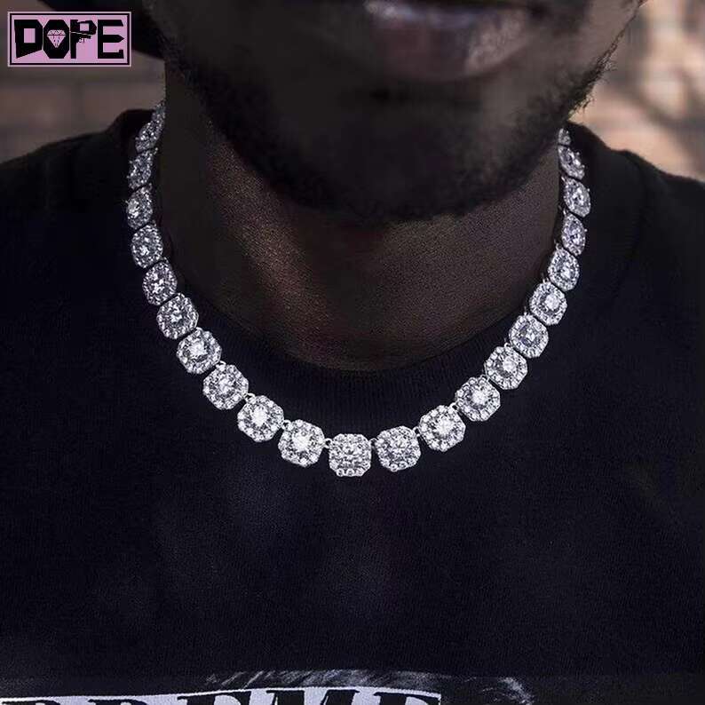 Hiphop VVS Moissanite 12mm Cluster Iced Out Tennis Necklace 925 Sterling Silver Bling Moissanite Tennis Chain