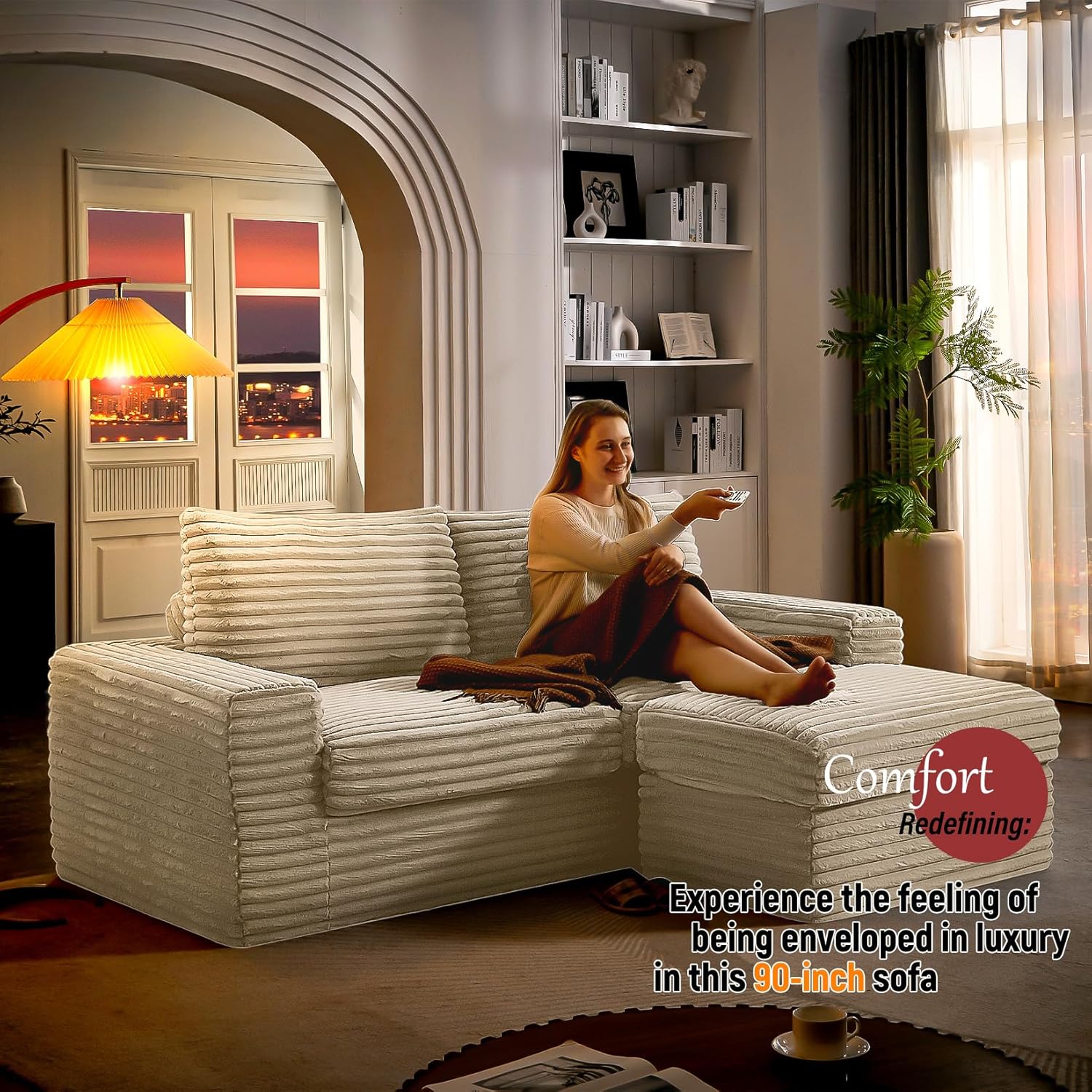 92'' Cloud Couch, Modular Sectional Sofa with Ottoman, Modern Convertible L Shaped Couches Upholstered Corduroy Boneless Couches for Living 