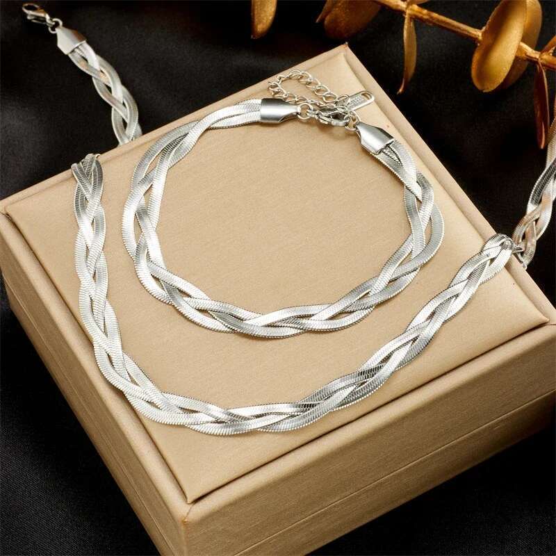 HONGTONG 316L Stainless Steel 3In1 Crossover Snake Chain Necklace Bracelets For Women Girl New Fashion Waterproof Jewelry Set