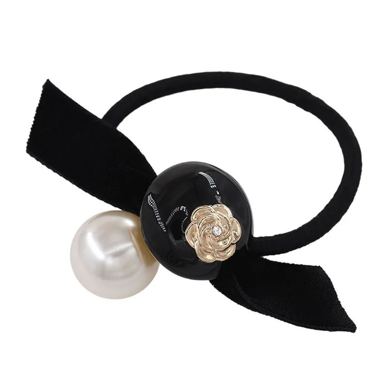 Women Black Golden Camellia Scrunchies Elastic Hair Bands France Elegant Pearl Print Hair Ties Rubber Bands Headbands Turbans 251129 - view 7